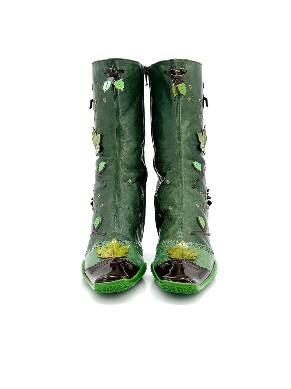 Vintage Prada FW1999 Runway Green Leaves and Bug Applique Leather Boots 38.5 - Picture 3 of 12